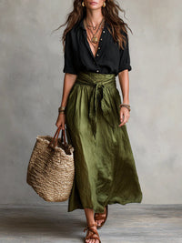 RIVER™ Black Top & Olive Green Midi Skirt Two-Piece Set