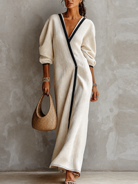 Beige Linen Maxi Dress for Women with V-Neck, Lantern Sleeves, and Black Trim